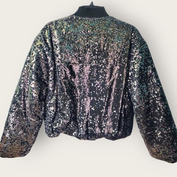 Blank NYC Black Sequin Bomber Jacket Quilted Lining Size Small - Picture 3 of 8